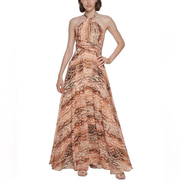 Calvin Klein Halter Gown Women's Size 6 Brown & Cream Snake Print Chiffon NWT - Picture 1 of 12